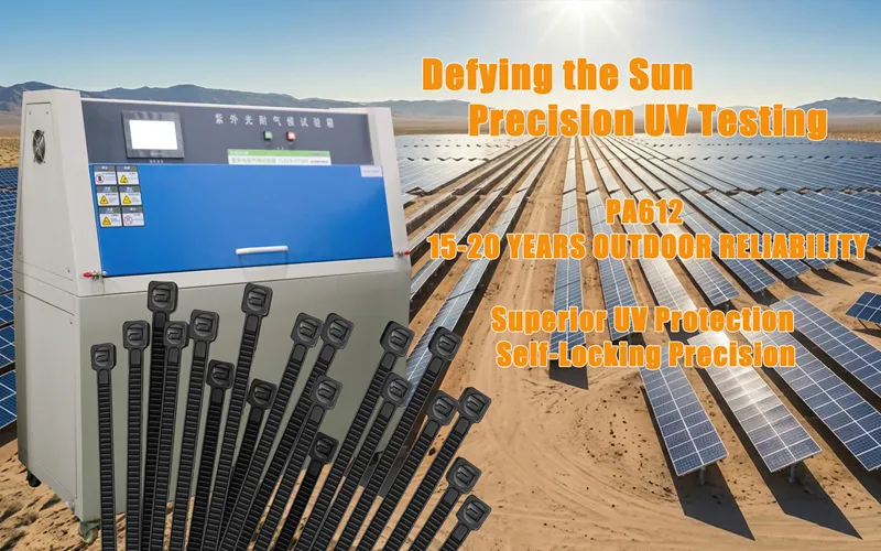 UV-stabilized cable ties contain either carbon black (for black ties) or HALS (Hindered Amine Light Stabilizers) for natural/colored grades. These additives absorb or neutralize UV radiation before it degrades the polymer chain.